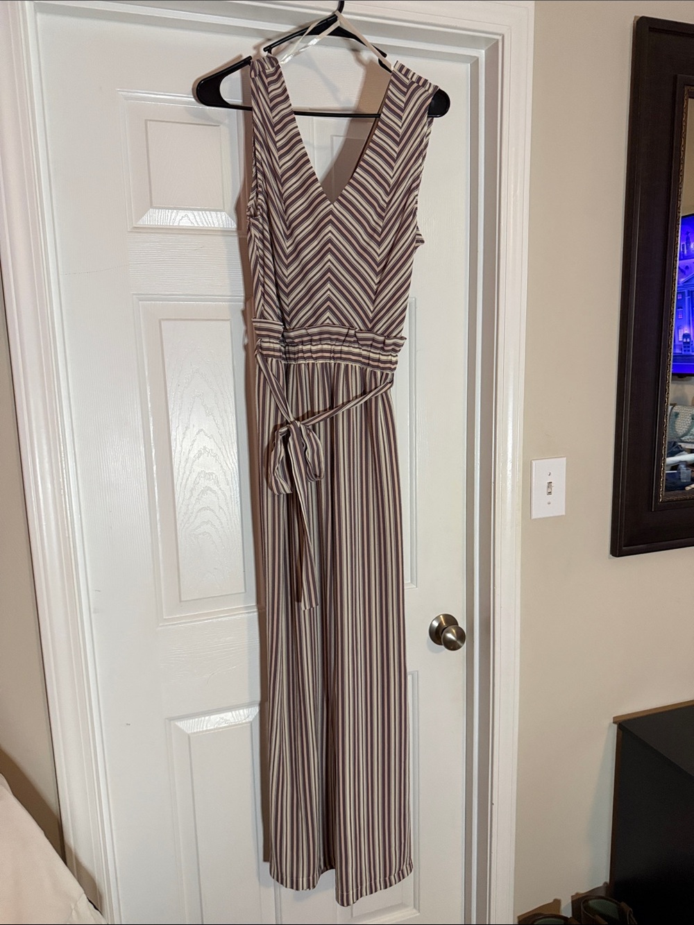 Monteau Sleeveless Striped V-Neck Jumpsuit in Taupe and Cream